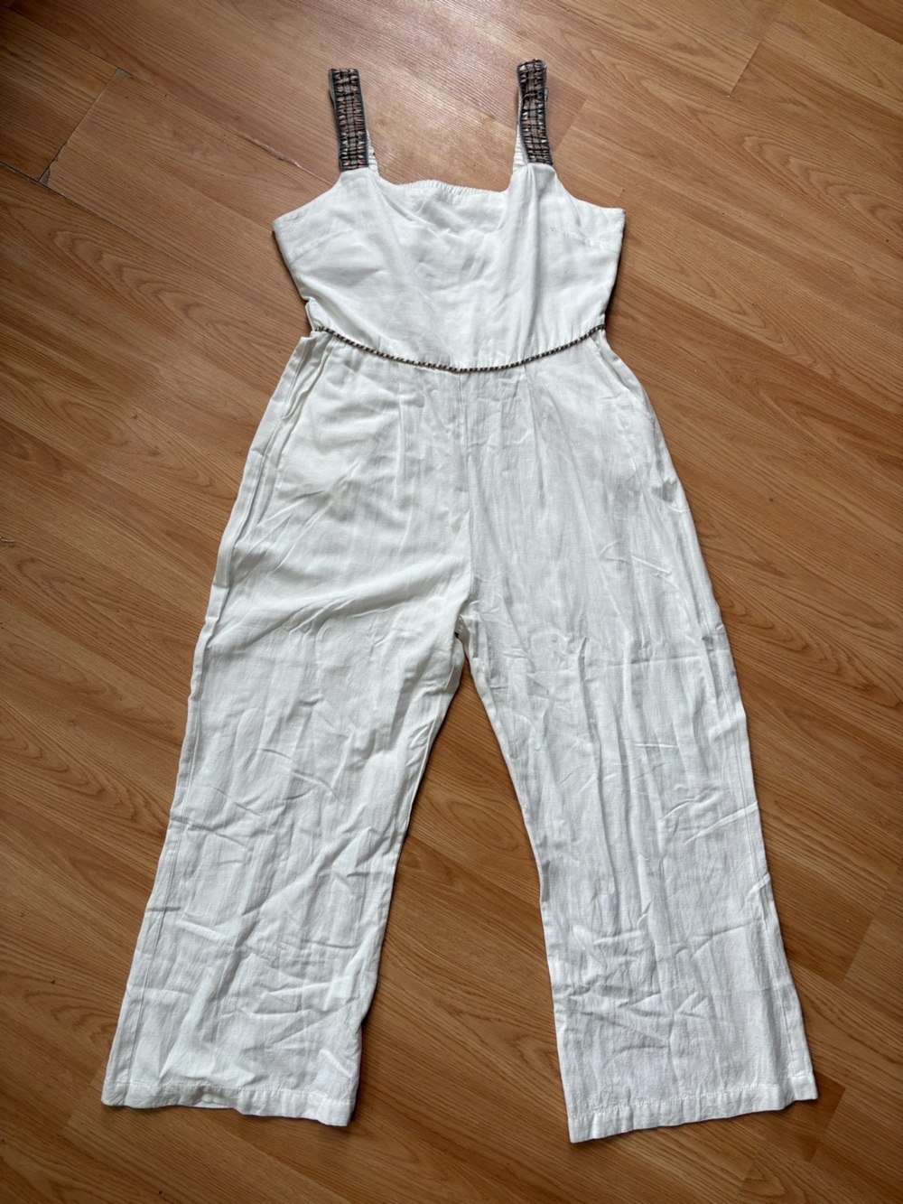 Amiani White Linen cotton jumpsuit elastic back bands side pockets sz12-14
